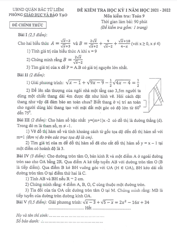 đề thi hk1 toán 9 năm 2021 – 2022 phòng gd&đt bắc từ liêm – hà nội