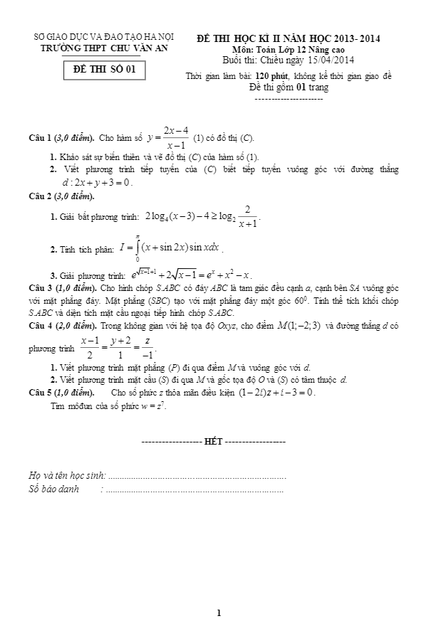 đề thi hk2 lớp 12 ban nâng cao trường chu văn an – hà nội 2013 – 2014