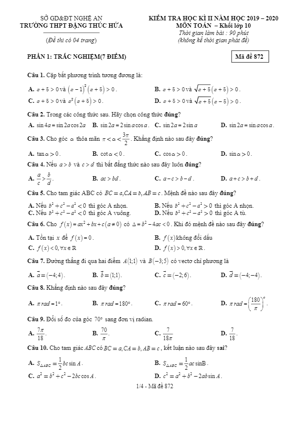 đề thi hk2 toán 10 năm 2019 – 2020 trường thpt đặng thúc hứa – nghệ an