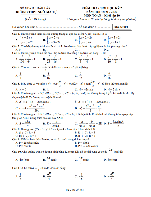 đề thi hk2 toán 10 năm 2021 – 2022 trường thpt ngô gia tự – đắk lắk