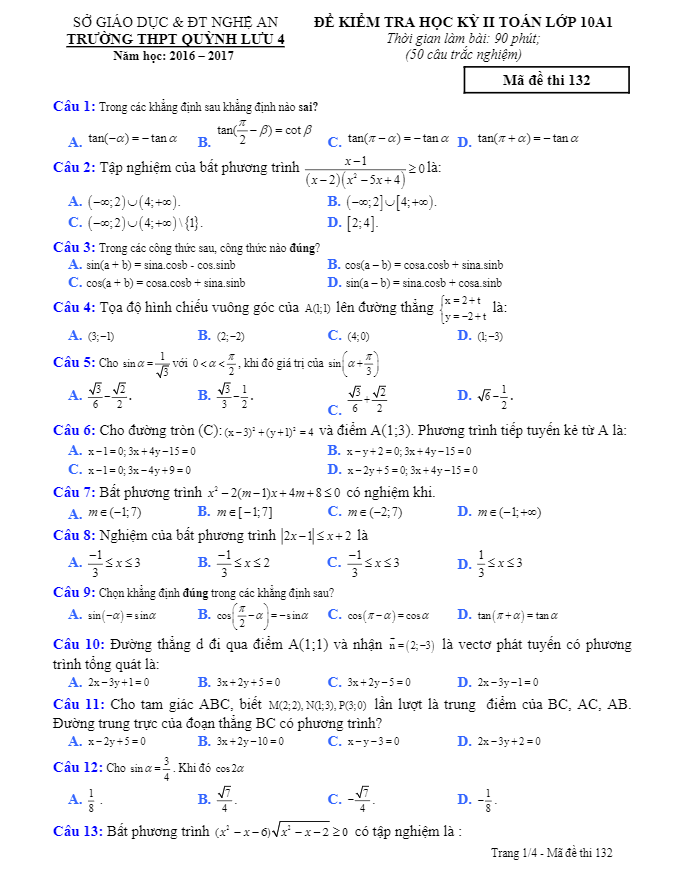 đề thi hk2 toán 10 năm học 2016 – 2017 trường thpt quỳnh lưu 4 – nghệ an