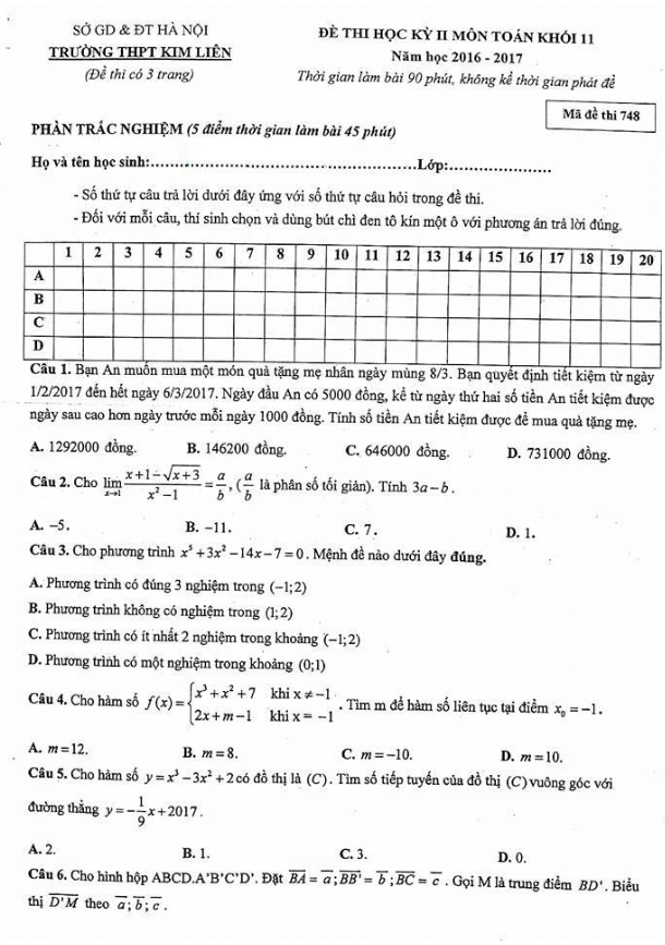 đề thi hk2 toán 11 năm học 2016 – 2017 trường thpt kim liên – hà nội