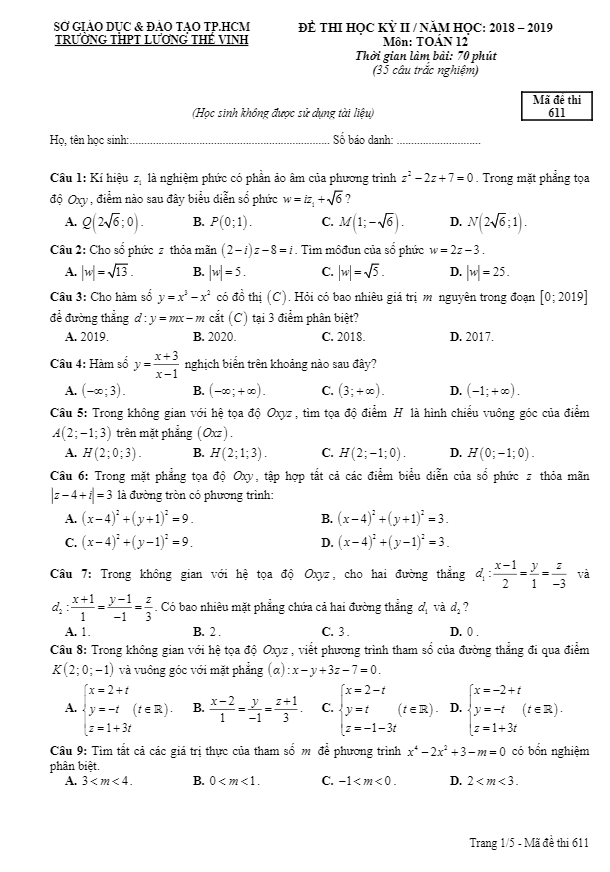 đề thi hk2 toán 12 năm 2018 – 2019 trường lương thế vinh – tp hcm