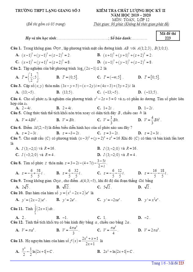 đề thi hk2 toán 12 năm 2019 – 2020 trường thpt lạng giang 3 – bắc giang