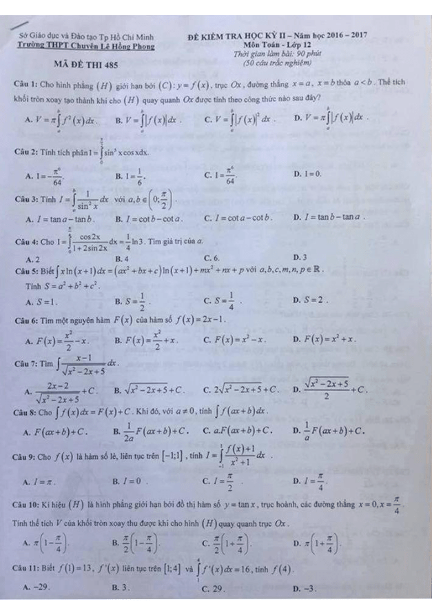 đề thi hk2 toán 12 năm học 2016 – 2017 trường thpt chuyên lê hồng phong – tp. hcm