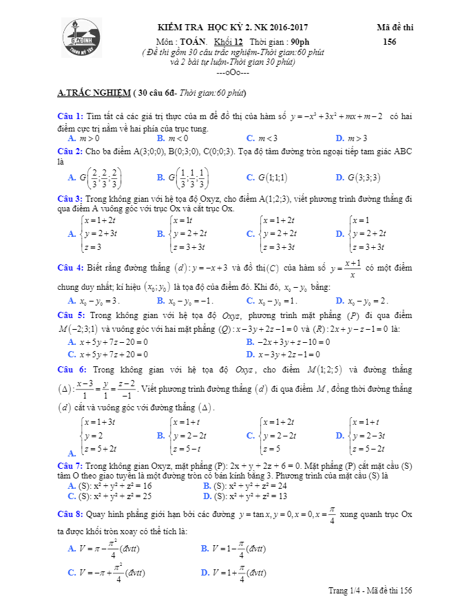 đề thi hk2 toán 12 năm học 2016 – 2017 trường thpt gia định – tp. hcm