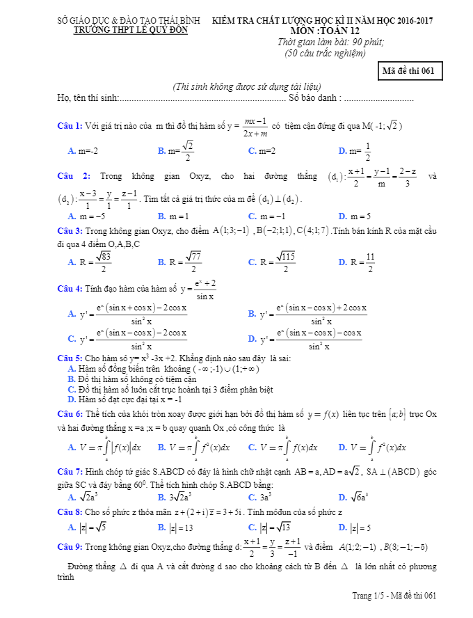 đề thi hk2 toán 12 năm học 2016 – 2017 trường thpt lê quý đôn – thái bình
