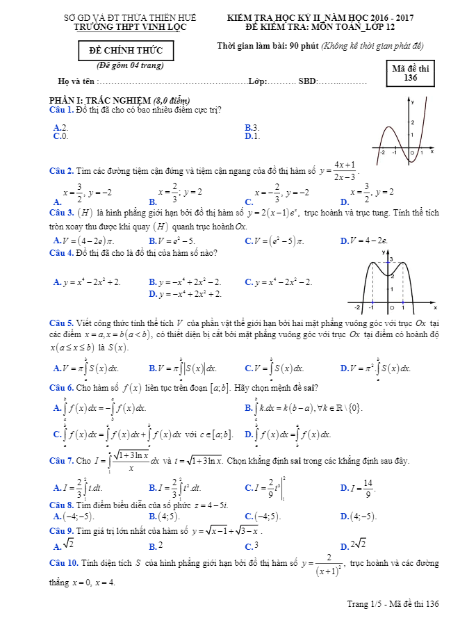 đề thi hk2 toán 12 năm học 2016 – 2017 trường thpt vinh lộc – tt. huế