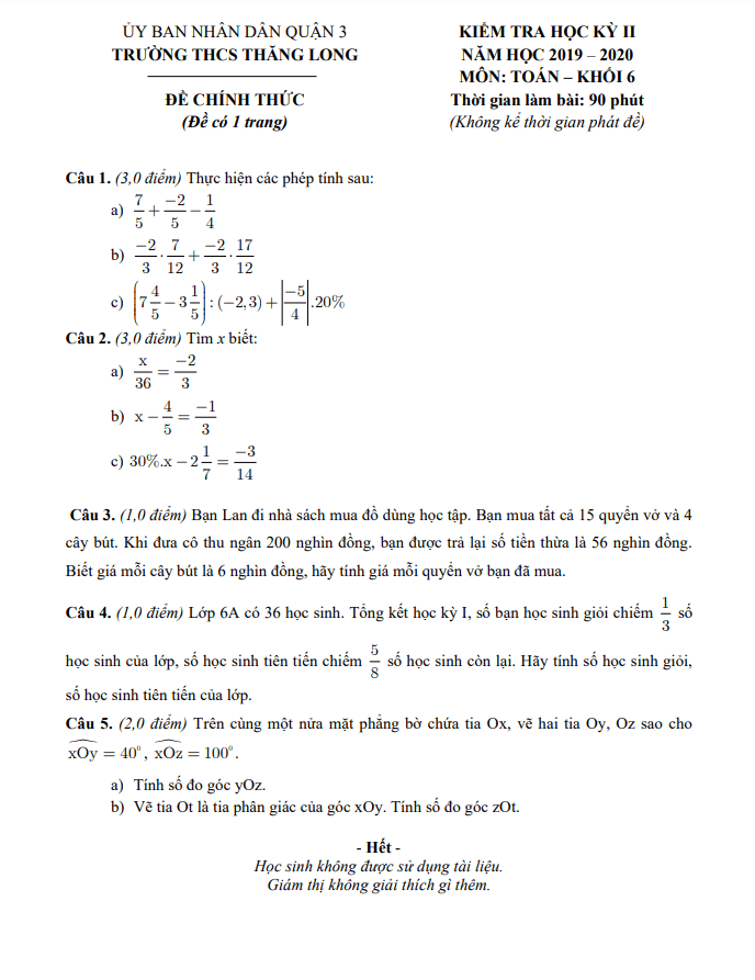 đề thi hk2 toán 6 năm 2019 – 2020 trường thcs thăng long – tp hcm