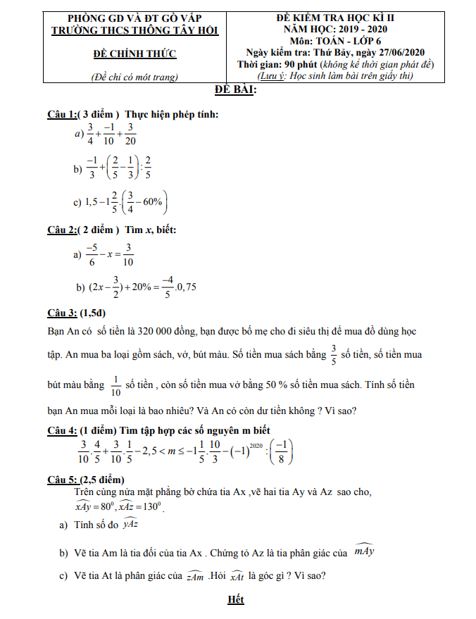 đề thi hk2 toán 6 năm 2019 – 2020 trường thcs thông tây hội – tp hcm