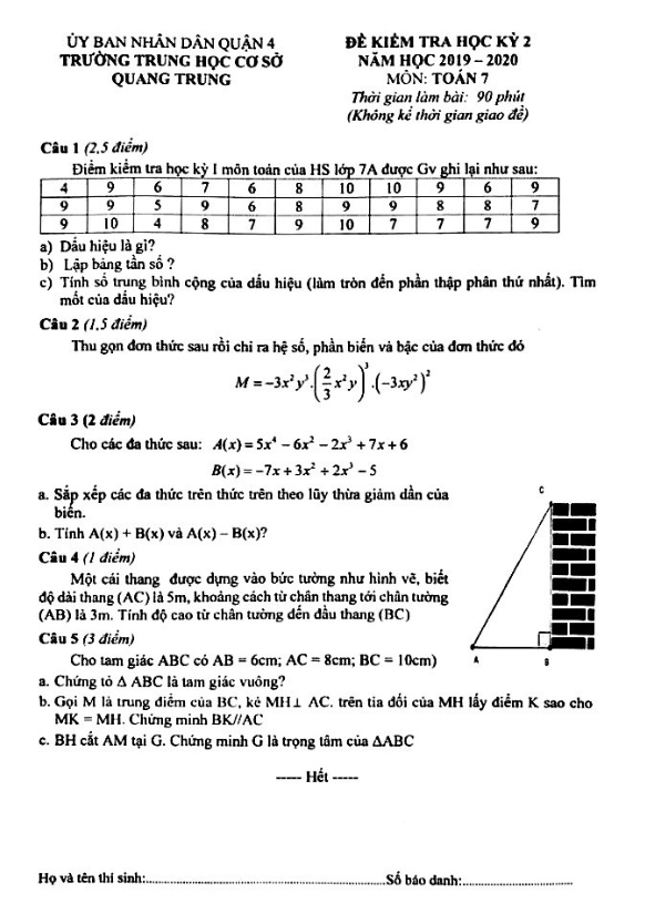 đề thi hk2 toán 7 năm học 2019 – 2020 trường thcs quang trung – tp hcm