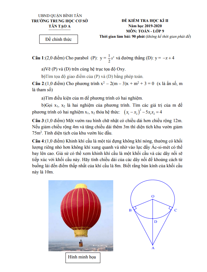 đề thi hk2 toán 9 năm 2019 – 2020 trường thcs tân tạo a – tp hcm