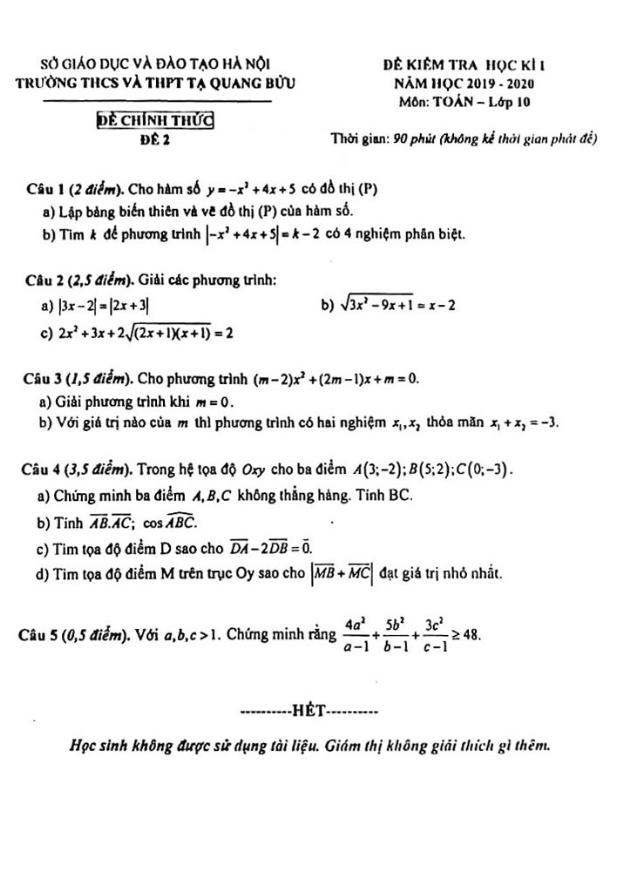 đề thi học kì 1 toán 10 năm 2019 – 2020 trường tạ quang bửu – hà nội