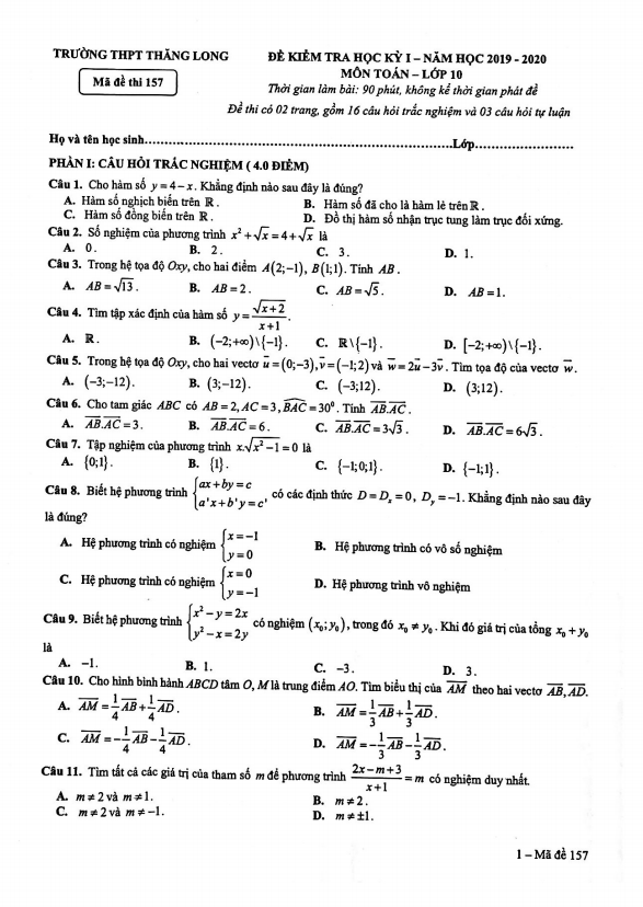 đề thi học kì 1 toán 10 năm 2019 – 2020 trường thpt thăng long – hà nội
