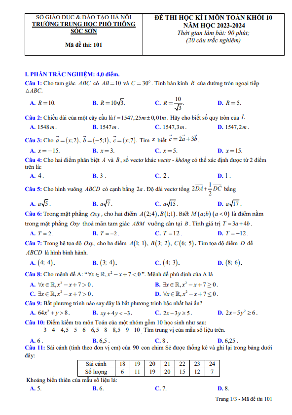 đề thi học kì 1 toán 10 năm 2023 – 2024 trường thpt sóc sơn – hà nội