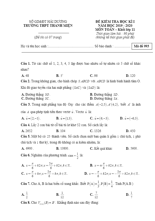 đề thi học kì 1 toán 11 năm 2019 – 2020 trường thanh miện – hải dương