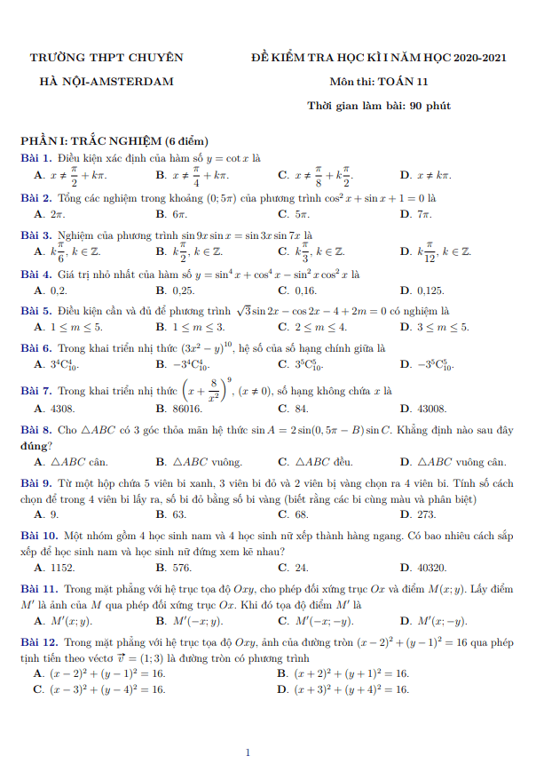đề thi học kì 1 toán 11 năm 2020 – 2021 trường thpt chuyên hà nội – amsterdam