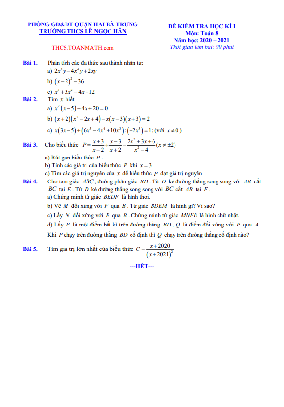 đề thi học kì 1 toán 8 năm 2020 – 2021 trường thcs lê ngọc hân – hà nội
