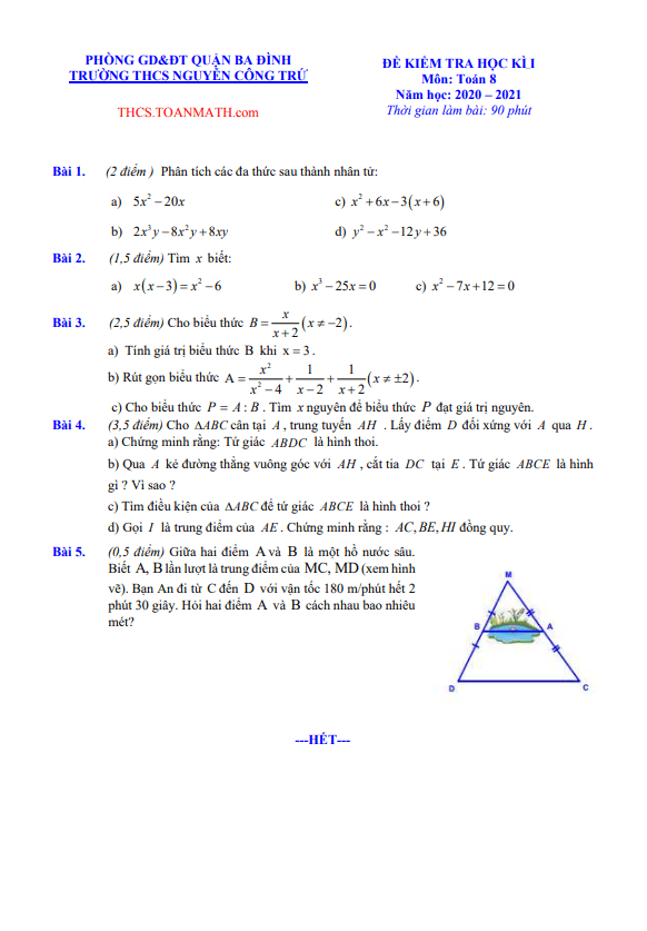 đề thi học kì 1 toán 8 năm 2020 – 2021 trường thcs nguyễn công trứ – hà nội