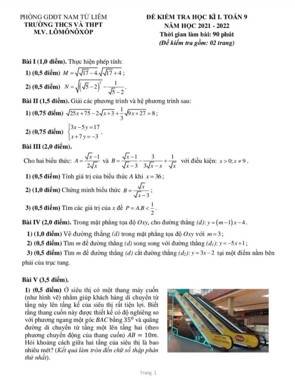đề thi học kì 1 toán 9 năm 2021 – 2022 trường m.v. lômônôxốp – hà nội
