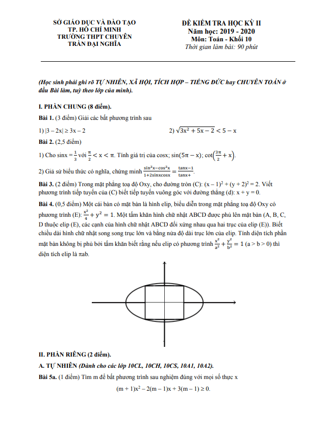 đề thi học kì 2 toán 10 năm 2019 – 2020 trường chuyên trần đại nghĩa – tp hcm