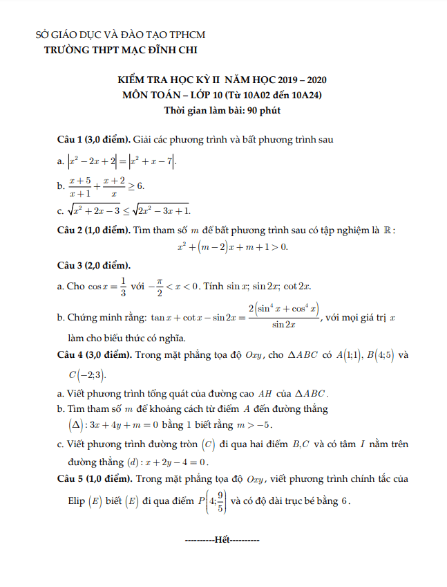 đề thi học kì 2 toán 10 năm 2019 – 2020 trường thpt mạc đĩnh chi – tp hcm