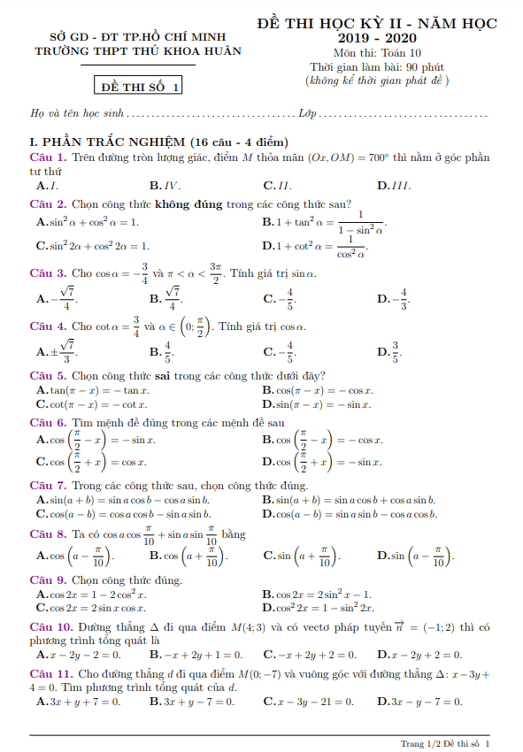 đề thi học kì 2 toán 10 năm 2019 – 2020 trường thpt thủ khoa huân – tp hcm