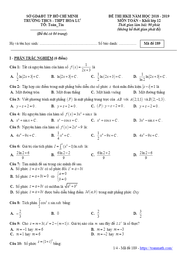 đề thi học kì 2 toán 12 năm 2018 – 2019 trường thcs – thpt hoa lư – tp hcm