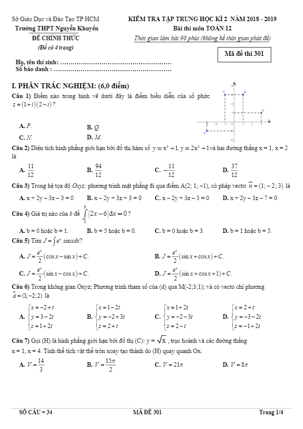 đề thi học kì 2 toán 12 năm 2018 – 2019 trường thpt nguyễn khuyến – tp hcm