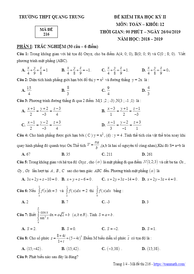 đề thi học kì 2 toán 12 năm 2018 – 2019 trường thpt quang trung – tp hcm