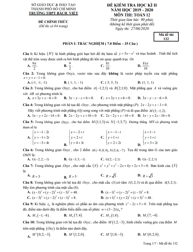 đề thi học kì 2 toán 12 năm 2019 – 2020 trường thpt bách việt – tp hcm