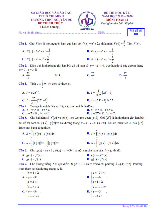 đề thi học kì 2 toán 12 năm 2019 – 2020 trường thpt nguyễn du – tp hcm