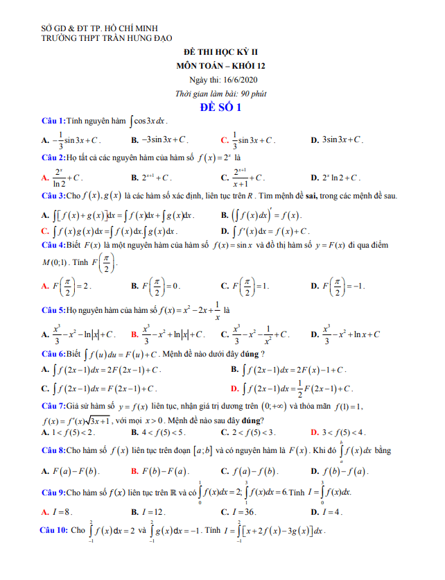 đề thi học kì 2 toán 12 năm 2019 – 2020 trường thpt trần hưng đạo – tp hcm