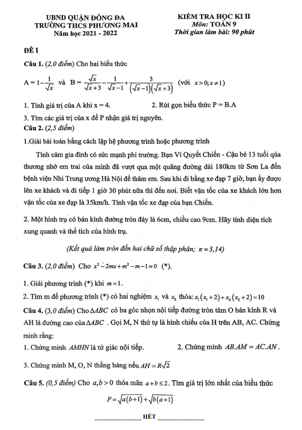 đề thi học kì 2 toán 9 năm 2021 – 2022 trường thcs phương mai – hà nội