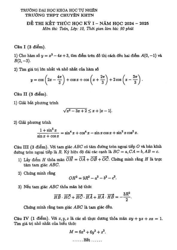 đề thi học kỳ 1 toán 10 năm 2024 – 2025 trường thpt chuyên khtn – hà nội