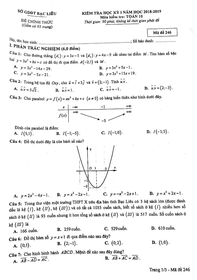 đề thi học kỳ 1 toán 10 năm học 2018 – 2019 sở gd&đt bạc liêu