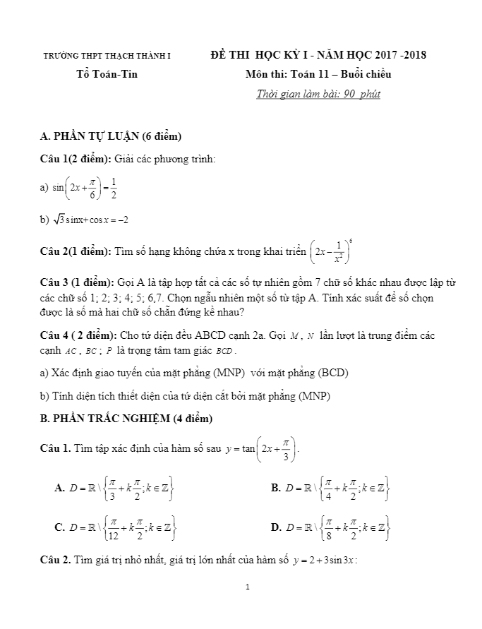 đề thi học kỳ 1 toán 11 năm học 2017 – 2018 trường thpt thạch thành 1 – thanh hóa