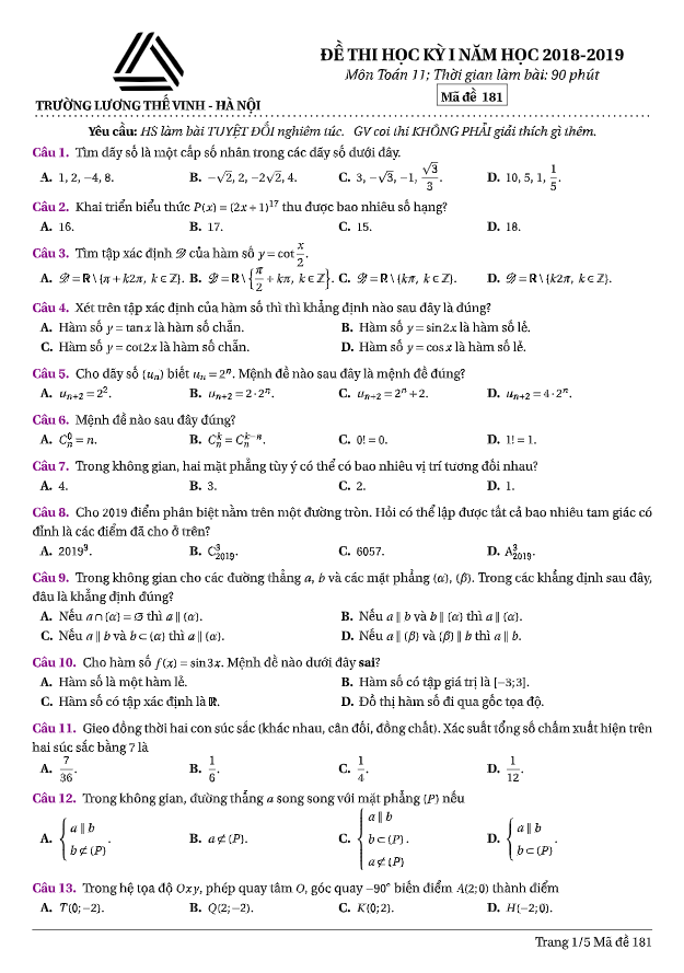 đề thi học kỳ 1 toán 11 năm học 2018 – 2019 trường lương thế vinh – hà nội