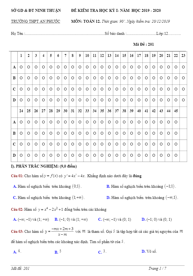 đề thi học kỳ 1 toán 12 năm 2019 – 2020 trường thpt an phước – ninh thuận