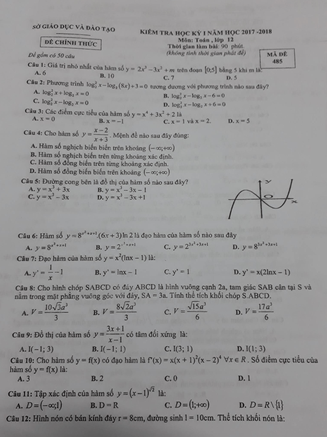 đề thi học kỳ 1 toán 12 năm học 2017 – 2018 sở gd và đt bình dương