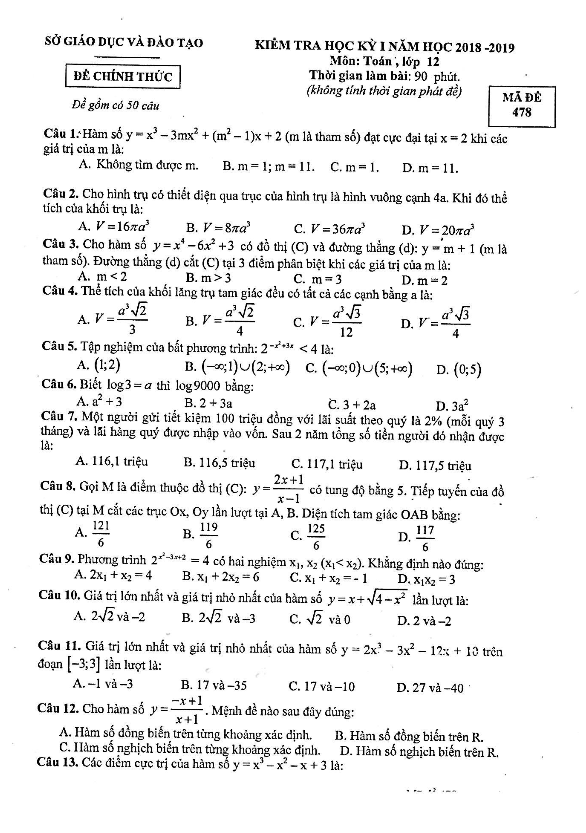 đề thi học kỳ 1 toán 12 năm học 2018 – 2019 sở gd và đt bình dương