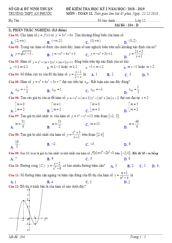 đề thi học kỳ 1 toán 12 năm học 2018 – 2019 trường thpt an phước – ninh thuận