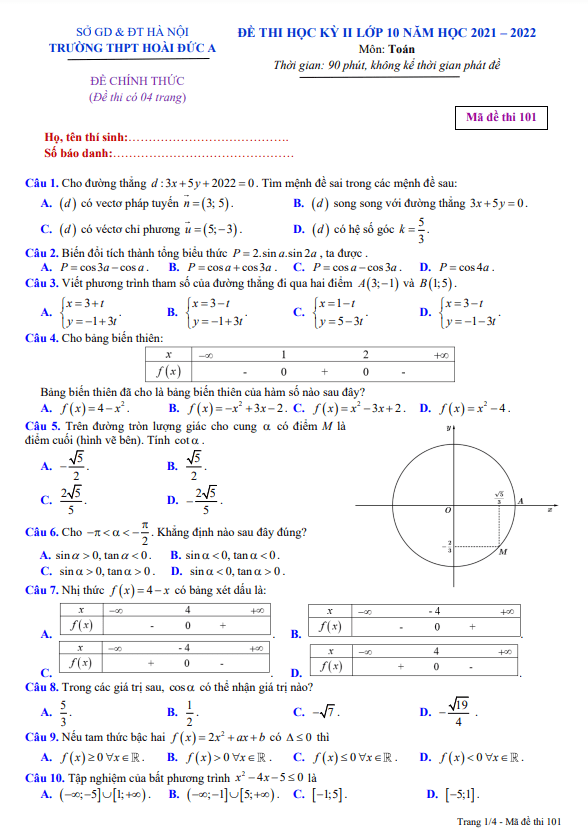đề thi học kỳ 2 toán 10 năm 2021 – 2022 trường thpt hoài đức a – hà nội