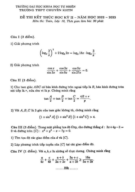 đề thi học kỳ 2 toán 10 năm 2022 – 2023 trường chuyên khtn – hà nội