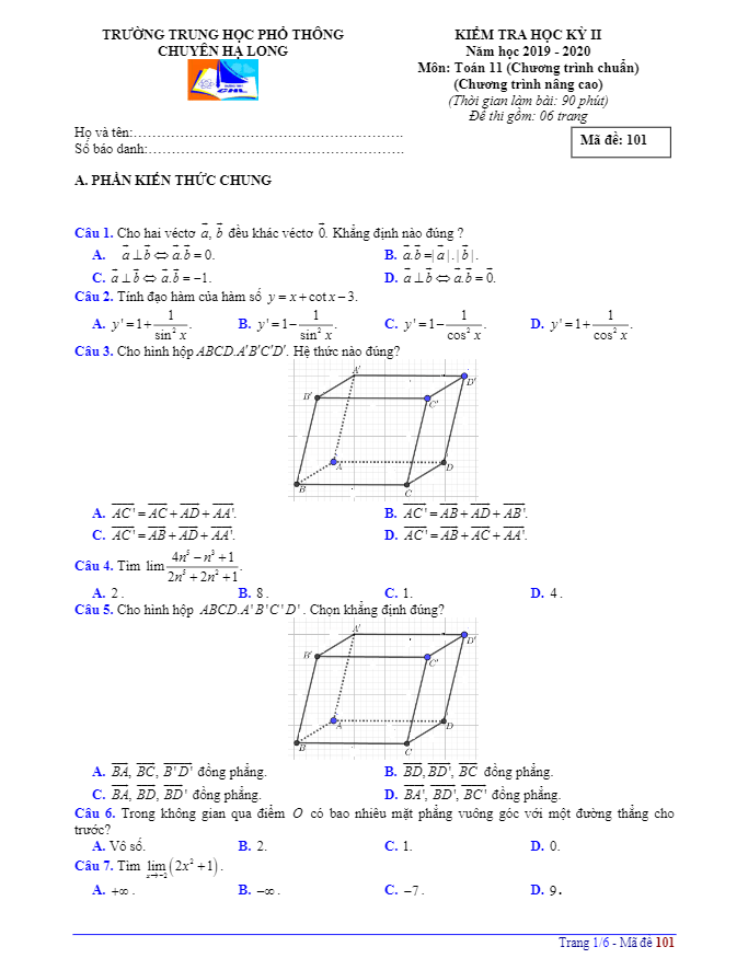 đề thi học kỳ 2 toán 11 năm 2019 – 2020 trường thpt chuyên hạ long – quảng ninh
