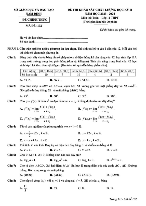 đề thi học kỳ 2 toán 11 năm 2023 – 2024 sở gd&đt nam định