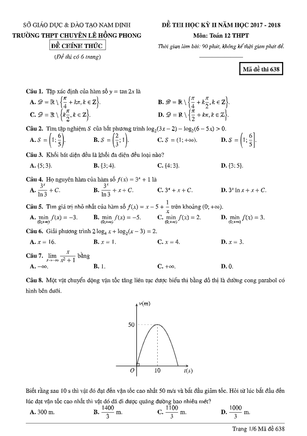 đề thi học kỳ 2 toán 12 năm 2017 – 2018 trường chuyên lê hồng phong – nam định