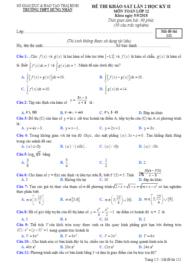 đề thi học kỳ 2 toán 12 năm 2017 – 2018 trường thpt hưng nhân – thái bình