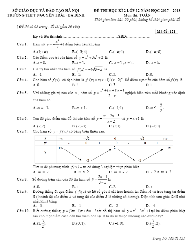 đề thi học kỳ 2 toán 12 năm học 2017 – 2018 trường thpt nguyễn trãi – hà nội