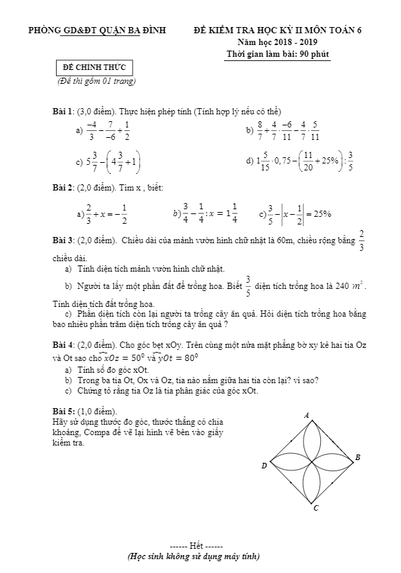 đề thi học kỳ 2 toán 6 năm 2018 – 2019 phòng gd&đt ba đình – hà nội